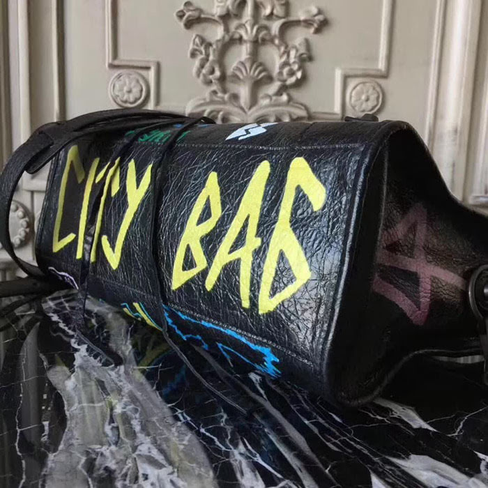 BALENCIAG巴黎世家 Graffiti Classic City30cm機車包 義大利爆裂紋羊皮 手繪彩色塗鴉 手提肩背斜挎包  BL1466